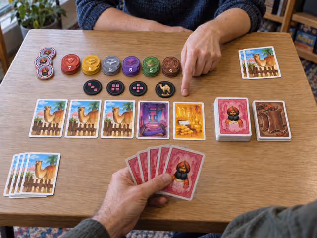 Two adults' hands beside a five-card Jaipur market, separate camel herds and goods-token supplies.