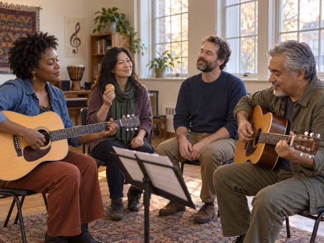 Four adult friends playing two acoustic guitars, a shaker and a hummed melody in a seated jam session.