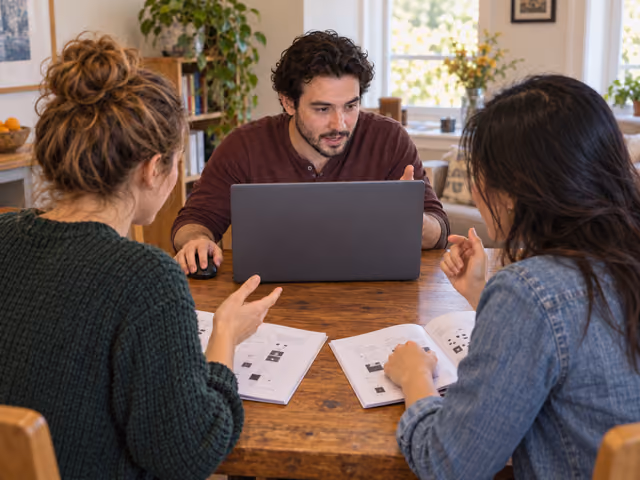 Three adults communicate across a laptop whose screen is hidden from two friends consulting separate printed puzzle manuals.