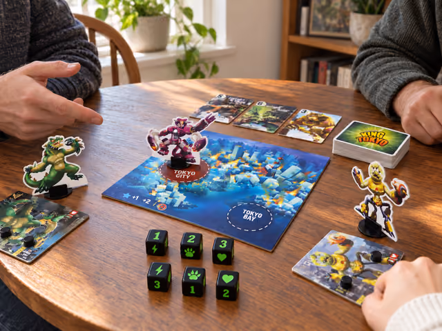 Adults playing King of Tokyo around a table with six black symbol dice and a monster occupying Tokyo City.