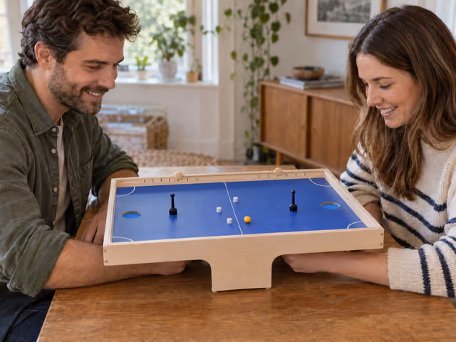 Two adults steering KLASK strikers from beneath a raised blue board with two goal holes, three white magnets and an orange ball.