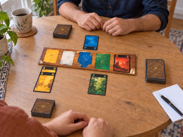 Two adults at a table with Lost Cities' five-color discard board, illustrated expedition cards and separate face-down hand stacks.