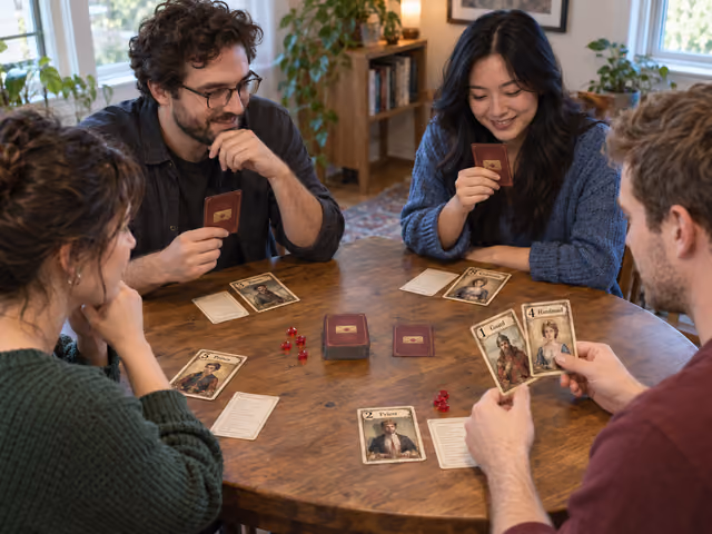 Four adults playing a court-card deduction game, with an active two-card hand, separate faceup play areas, a draw stack and red favor counters.