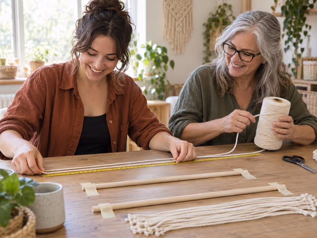 Two adults measure cotton cord together beside wooden dowels while preparing a macramé project.