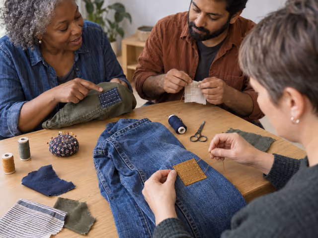 Three adults sharing a mending table, with a stitched fabric patch on blue trousers and another person practicing on scrap.