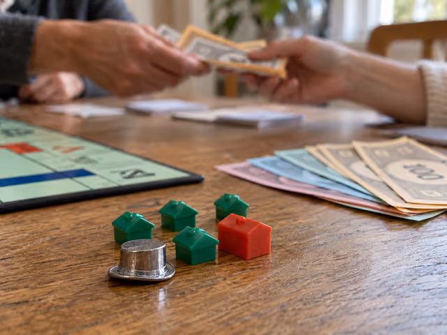 A metal top-hat token, green houses and a red hotel beside Monopoly game money on a table.