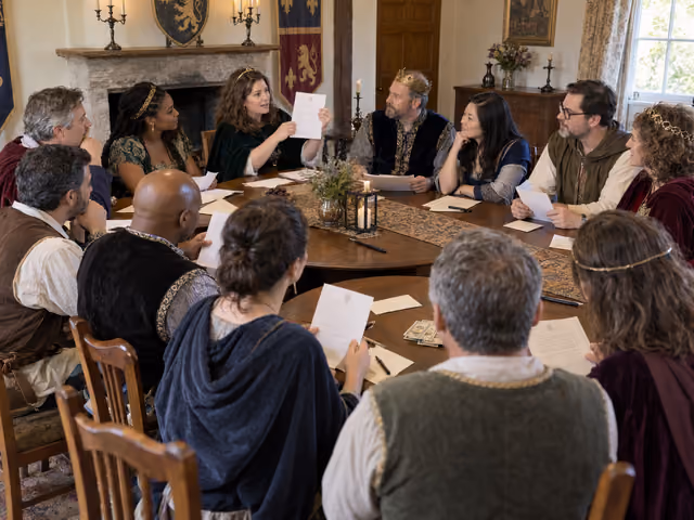Twelve adults in medieval costume touches gather around tables while one woman presents a printed sheet; character papers, envelopes and pens lie nearby.