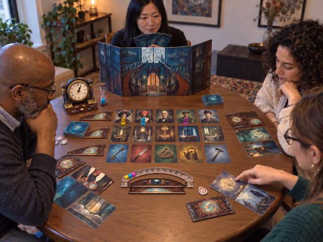 Four adults playing Mysterium, with a ghost behind a manor screen and three psychics comparing picture clues beside character, room and object cards.