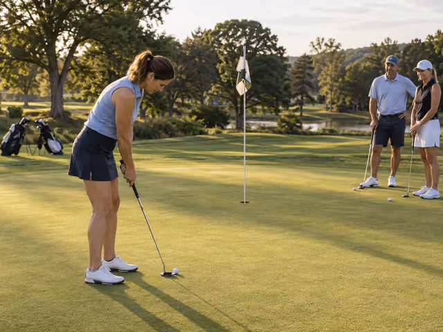 An adult preparing to putt on an outdoor golf green while two friends wait to the side, with the cup and flagstick ahead.