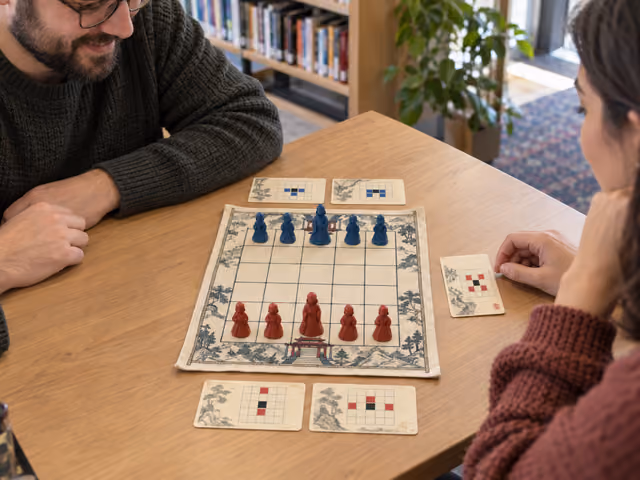 Two adults at a table with an Onitama board, red and blue pawns, and five face-up movement cards.