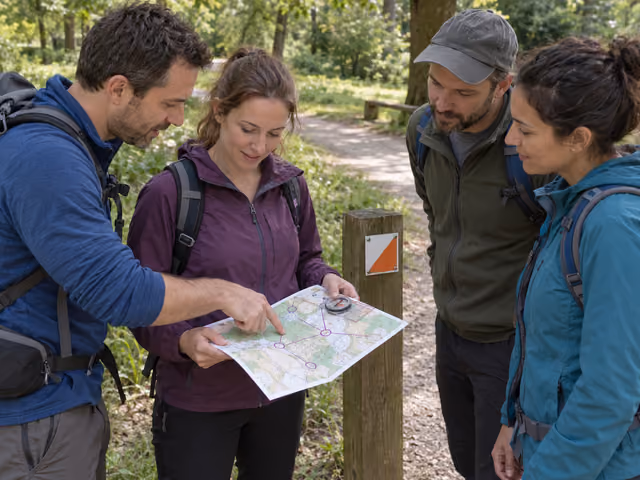 Four adults reading a paper orienteering map with a compass beside a permanent control post on a park path.