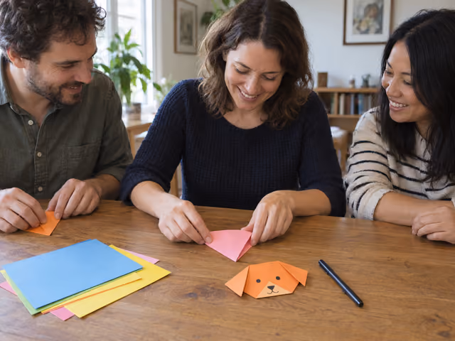 Adults folding colored paper dog faces together at a table