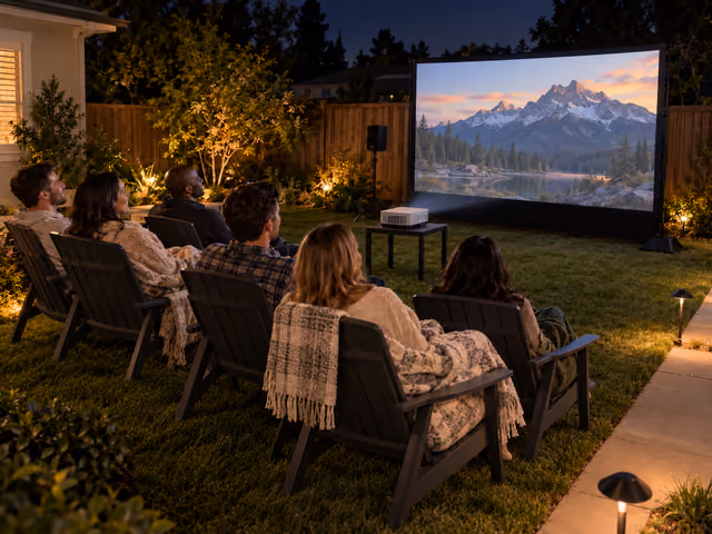 Six adults seated in backyard chairs watch a mountain scene on an outdoor screen at night, with a projector ahead of the seats and a lit side path.