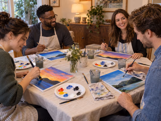 Four adults painting their own colorful landscapes with acrylic brushes and palettes at a cloth-covered table.