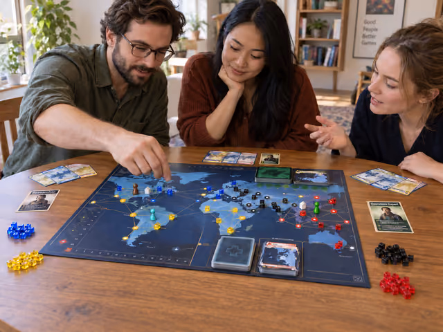 Three adults collaborating around a Pandemic world-map board with colored disease cubes, pawns and city cards.