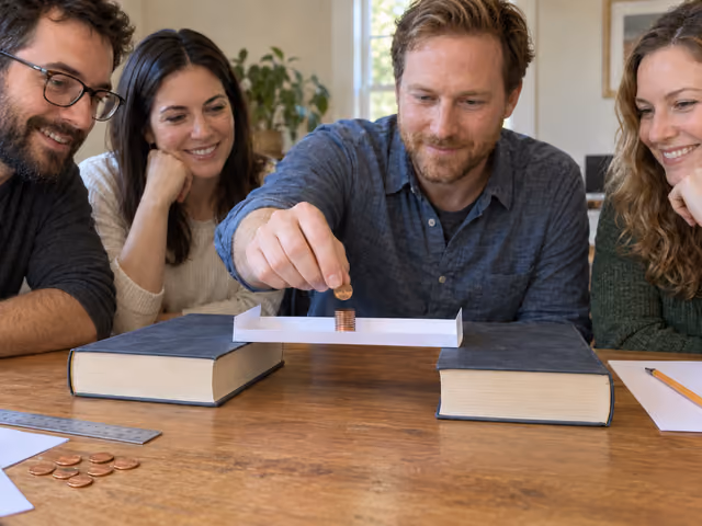 Four adults watching a coin stack on a folded white paper bridge resting between two books.