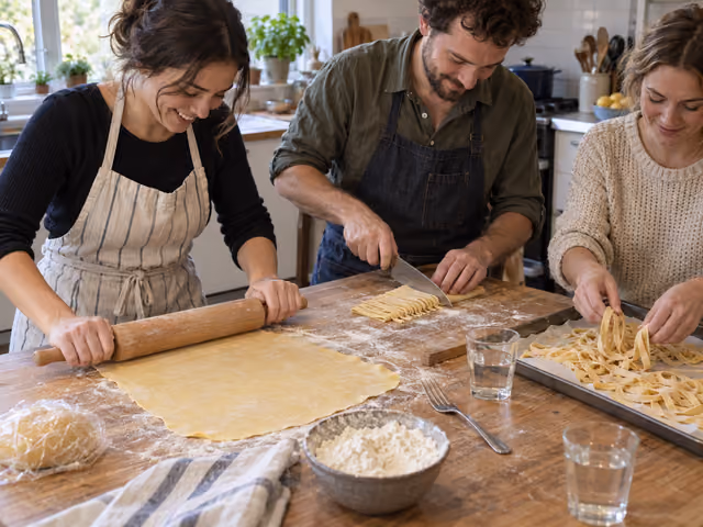 Adult friends rolling a thin sheet of fresh pasta and separating hand-cut ribbons at a flour-dusted kitchen table.