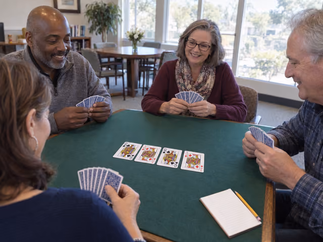 Four adults at a card table inspecting a double-pinochle meld of two spade queens and two diamond jacks.