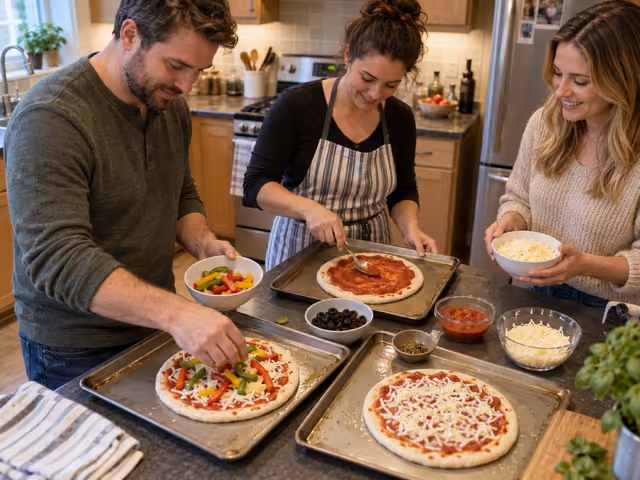 Three adults topping separate personal pizza crusts on metal baking trays in a home kitchen.
