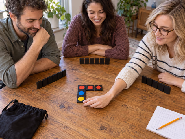Three adults playing Qwirkle, with a row of red shapes meeting a column of colored circles on black tiles.