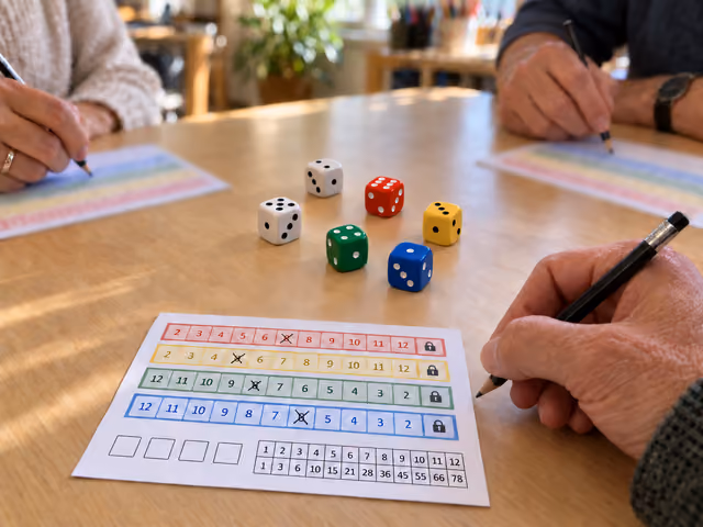 Three adults' hands around Qwixx score sheets and six dice, with two white dice and one each red, yellow, green and blue.