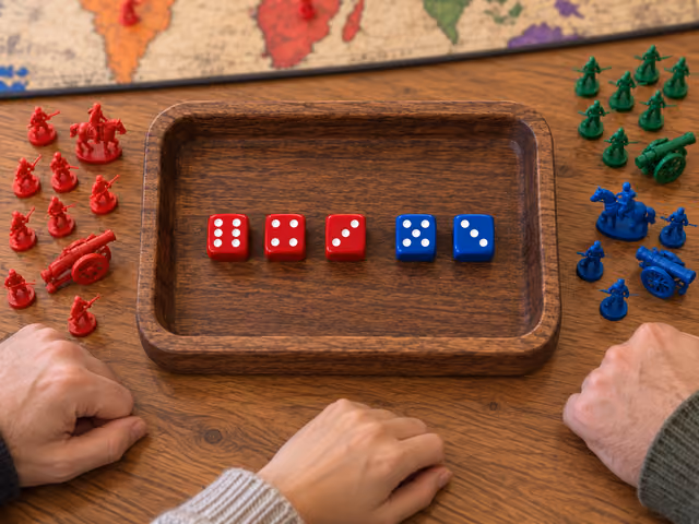 Three adults' hands beside Risk troop figures and three red attack dice and two blue defense dice.