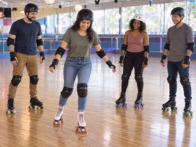Four adults wearing helmets and protective pads practice quad roller skating on a clear indoor rink floor.