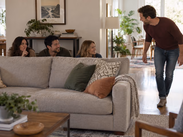 Three adult friends hiding behind a sofa as a fourth friend finds them during Sardines.