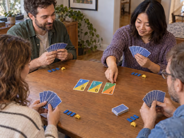 Four adults playing SCOUT around a table with dual-number cards and Scout chips.