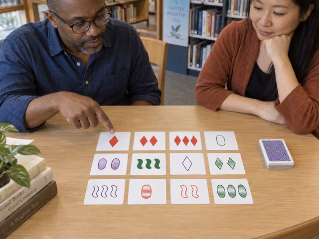 Two adults examine twelve SET cards at a library table; one points toward a solid red diamond card.