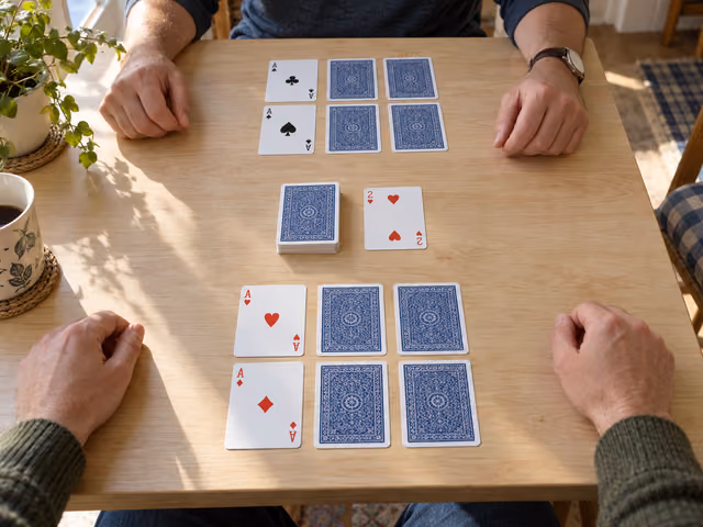 Two adults at a table with six cards each in two rows of three, two aces exposed per layout, and a shared draw pile and discard.