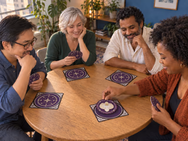 Four adults playing Skull; the challenger reveals her orchid disc while three opponents' discs remain face down on square mats.