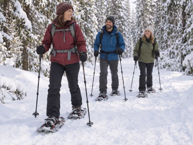Three adults with daypacks, snowshoes and trekking poles pause on a snow-covered forest trail.