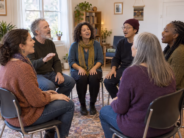 Six adults seated facing one another in a circle, singing together without instruments.