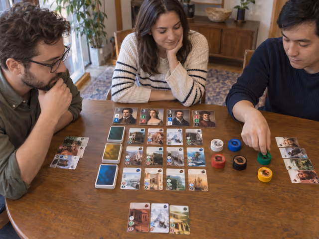 Three friends study Splendor's twelve-card market and four noble tiles while one selects a green gem token.