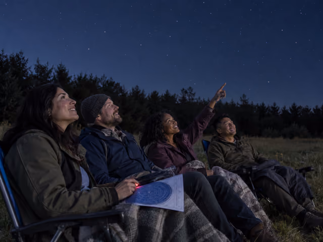 Four adults in outdoor chairs look up at a starry night sky, with a paper sky chart and dim red flashlight in the foreground.