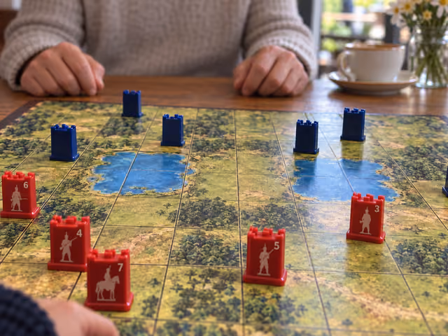 Red Stratego rank faces and blue piece backs on a partially shown board with two central lakes, between adult players.