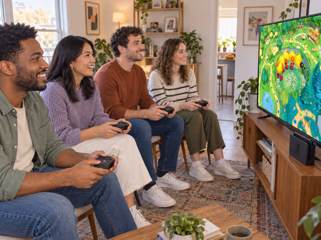 Four adults seated with separate controllers beside a television showing Mega Wiggler’s Tree Party.
