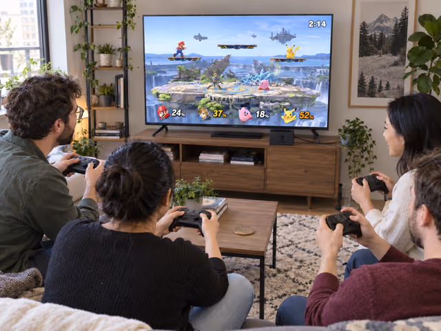 Four adults holding controllers while playing a shared-screen platform fighting game on a television.