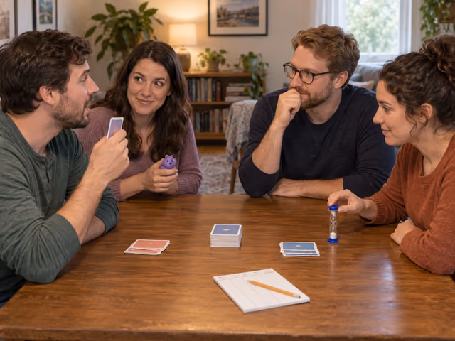 Four adults playing a word-guessing game, with a hidden card, an opponent's purple squeaker, a sand timer and a scorepad.