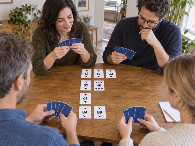 Four adults choosing cards in Take 5, with four rows of numbered bullhead cards on a dining table.