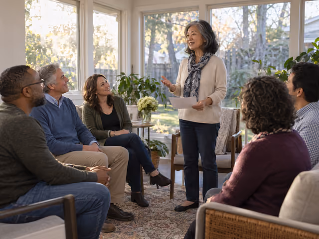 An adult woman reads a short performance to five seated friends in a bright sunroom.