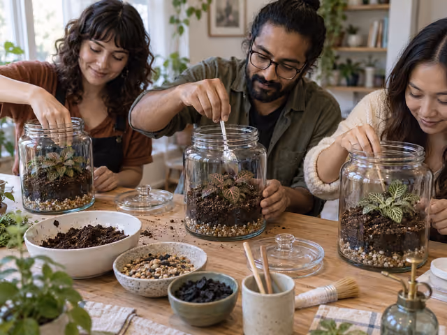 Friends planting small nerve plants in wide-mouth glass terrarium jars at a shared table.
