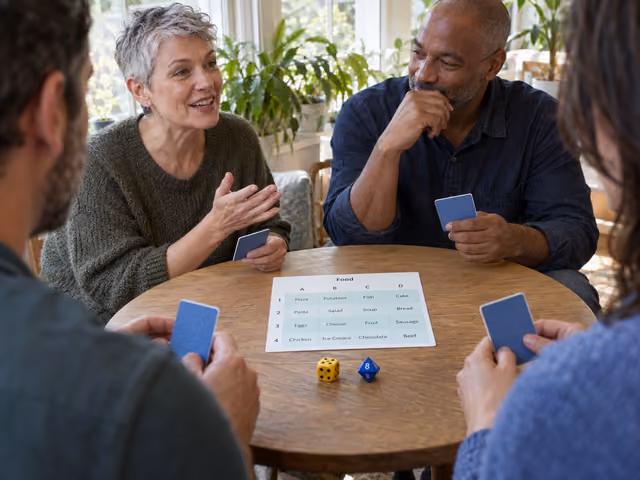 Four adults sharing clues around a single food topic grid, with yellow and blue dice and their role cards held privately.