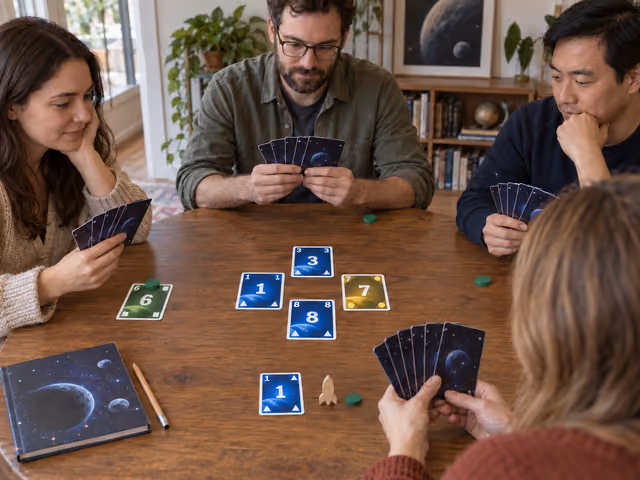 Four adults playing a cooperative space-themed card game, with colored numbered cards, a small target card and a radio-message token on the table.