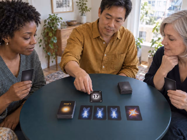 Three adults playing The Mind: one places a numbered card while two keep their cards hidden, beside three rabbit life cards and one star card.