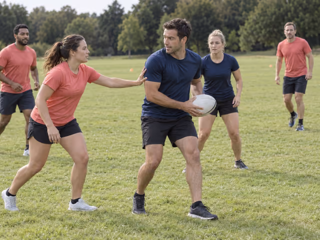 An adult touch rugby ball carrier receives a gentle touch on the upper arm while a teammate supports behind on a grass field.