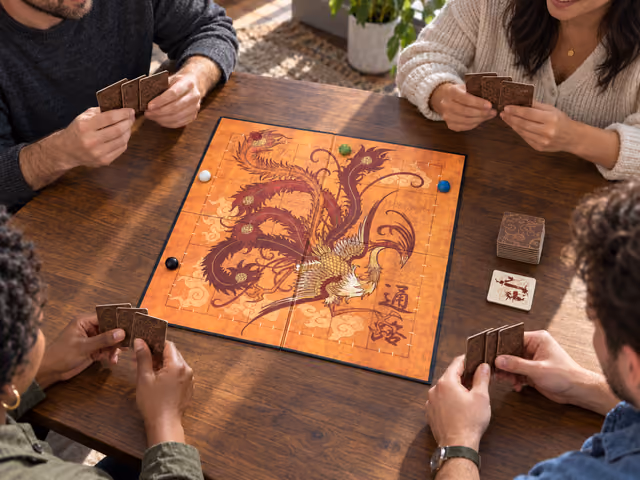 Four adults holding Tsuro tiles around an empty orange board with four colored stones at its edge.