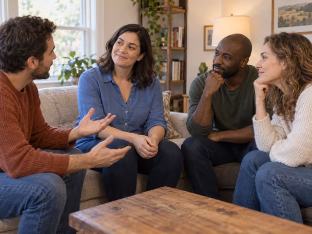 Four adults seated together, with one asking a question while the others listen thoughtfully.
