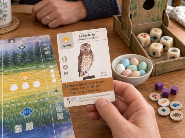 An adult holds a Wingspan Burrowing Owl card beside pastel eggs, food tokens and a birdfeeder with custom food dice.